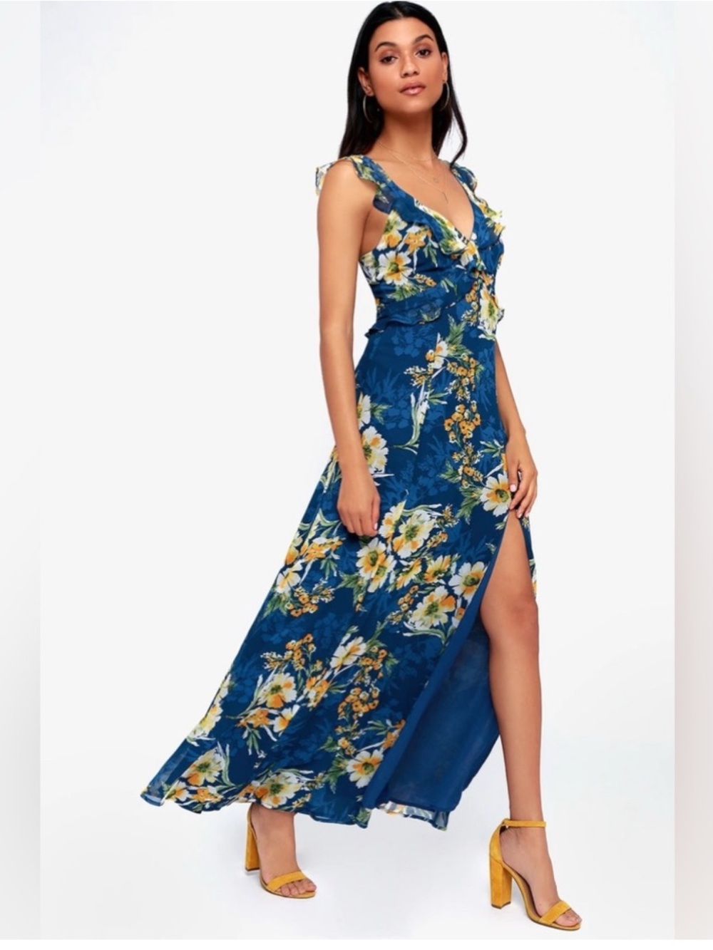 Lulu's Feeling Fleur-ty Navy Blue Floral Print Ruffled Maxi Dress